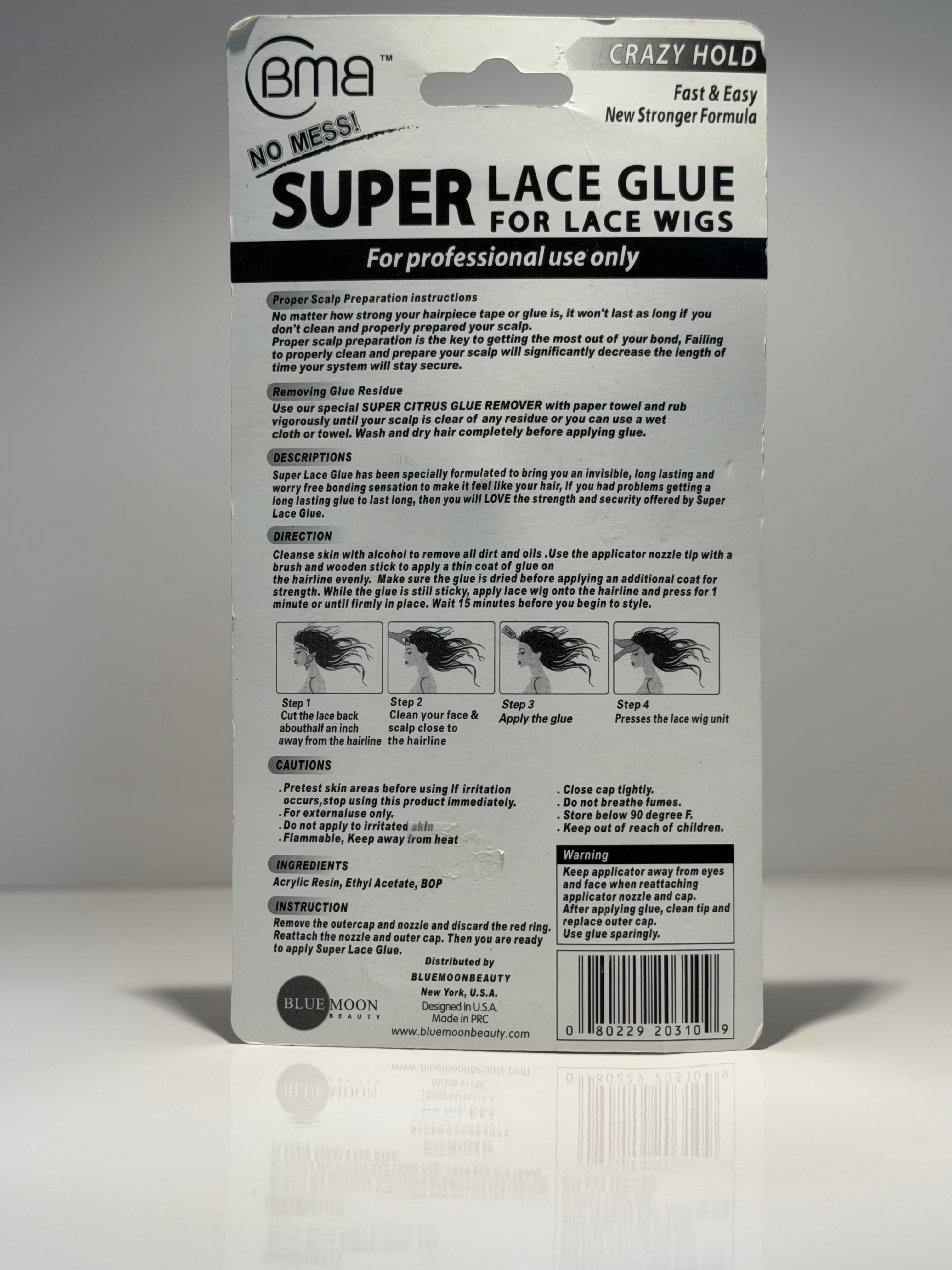 Colle Super Lace pour perruques Lace Front, fixation extrême, tube de 30 ml (1 oz liq.) de Blue Moon Beauty